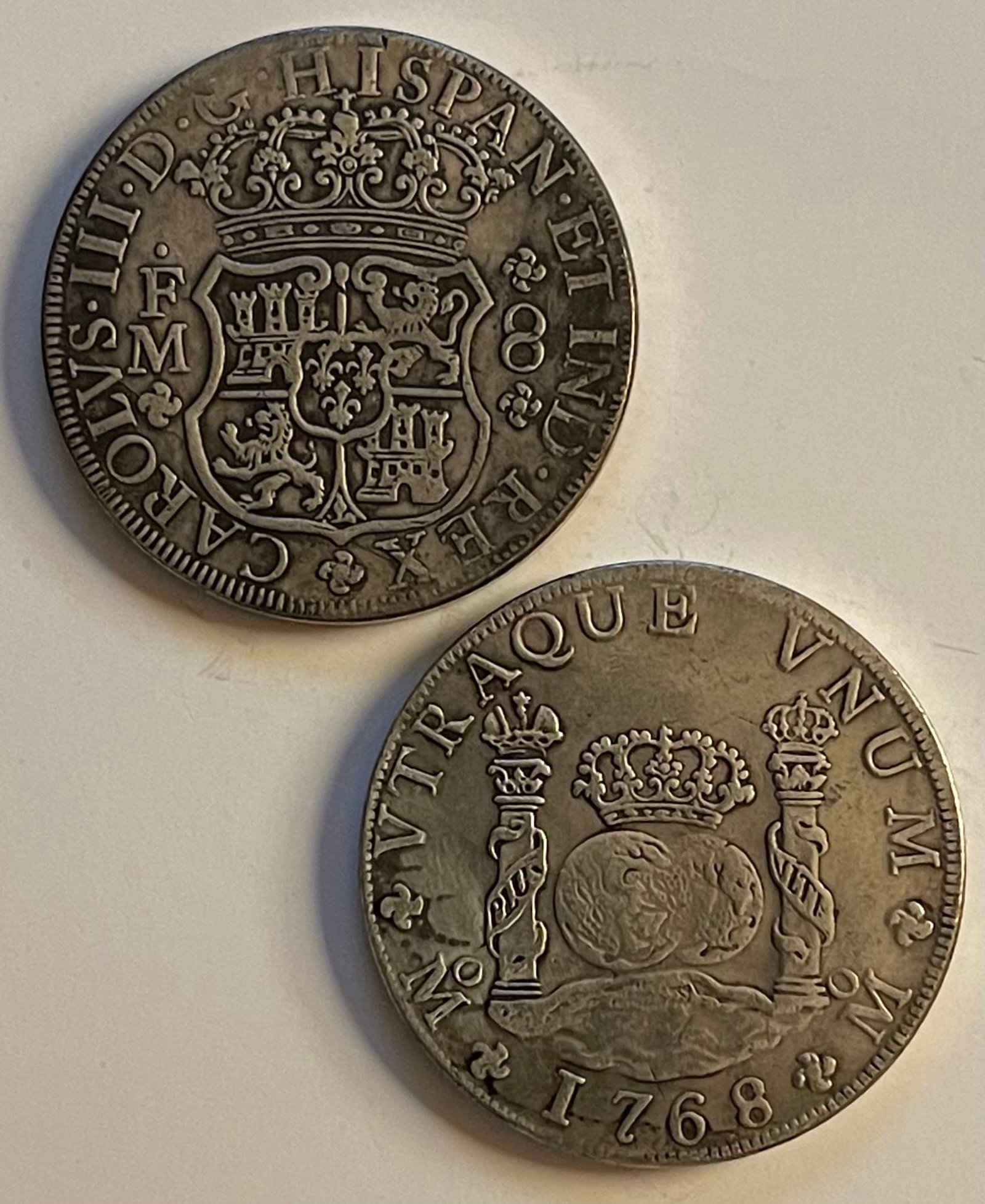 Dated 1768 Spanish Philip 8 Reales Silver tone Coin: Great Looking Coin but Not a Period Original Authentic Coin – Does Not Have any Precious Silver Metal Value – Being Sold as a Copy and AS-IS