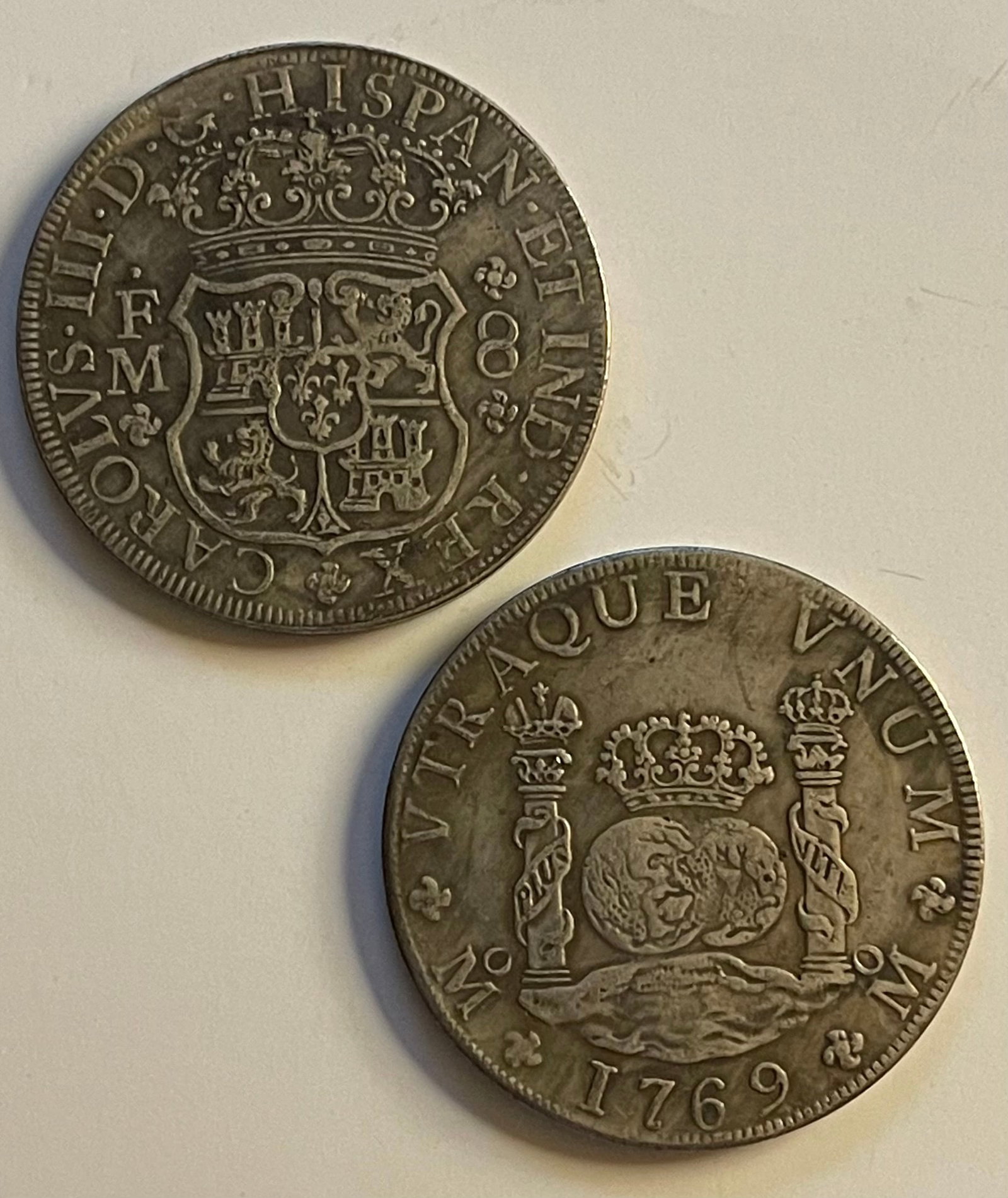 Dated 1769 Spanish Philip 8 Reales Silver tone Coin: Great Looking Coin but Not a Period Original Authentic Coin – Does Not Have any Precious Silver Metal Value – Being Sold as a Copy and AS-IS