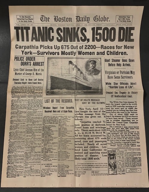 TITANIC Sinks Boston Globe Newspaper AM/PM Edition: Extremely Cool / High Quality Re-Issue in Beautiful Condition / Must See all Photos
