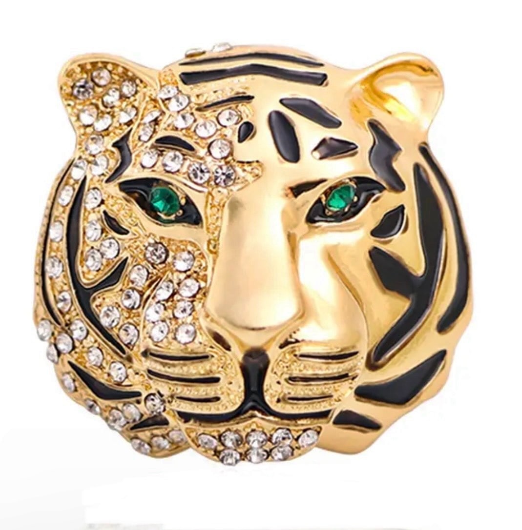 Beautiful Gold tone Jeweled TIGER Head Brooch: Beautiful Piece of Costume Jewelry – Never Worn