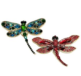 Lot of 2 Beautiful Jeweled Costume Jewelry Dragonfly Broochs