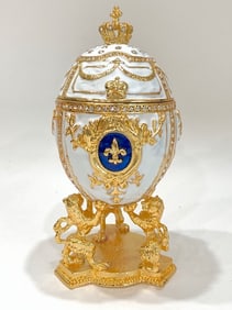 FABERGE Enameled Egg Trinket Box with Lions Display Stand