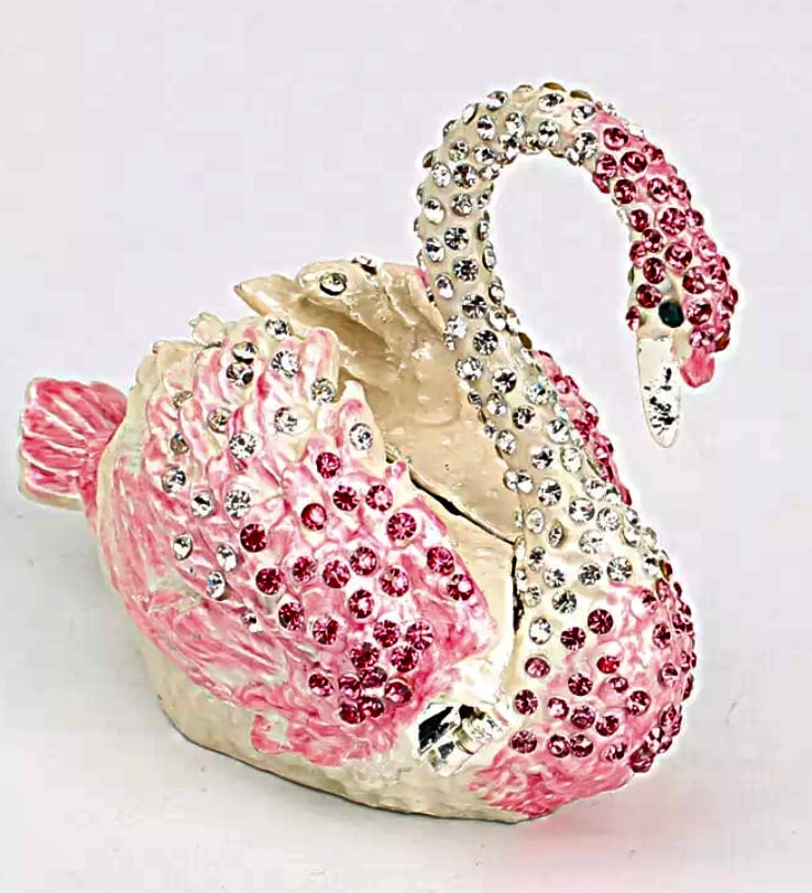 Enameled Swan Trinket Box with Embedded Swarovski Crystals: Stunning Piece in Beautiful Condition – Multiple Photos Posted