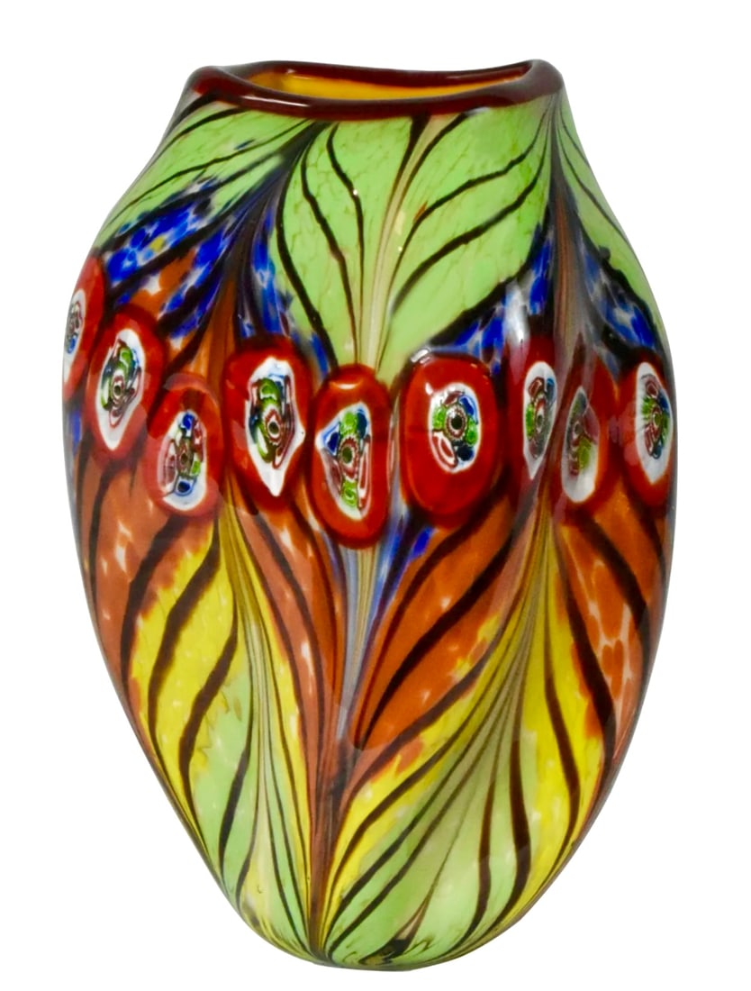 MURANO Peacock Feathers Pinched Blown Art Glass Vase (1 of 2)