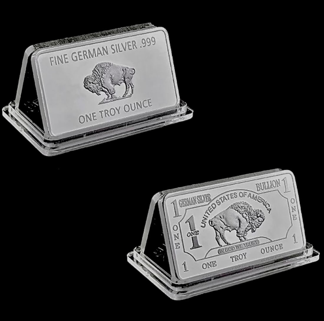 1oz Fine German Silver Buffalo Bullion Bar: Encapsulated / German Silver contains No Precious Metals / This is not Sterling Silver – Weight of Bar is Approximate