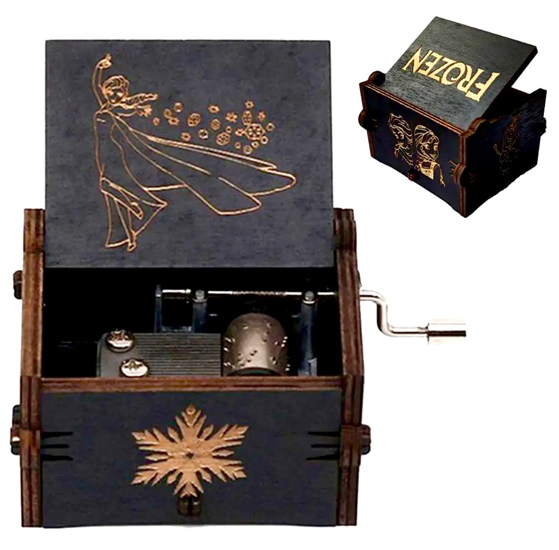 Disney FROZEN hand engraved wood crank Music Box: Works and Looks New – Note that this is an Old Fashion Crank Music Box / This is Not a Wind up Music Box