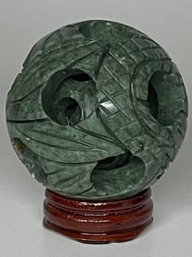 Vintage Hand Carved Chinese Green Jade Revolving Puzzle Ball