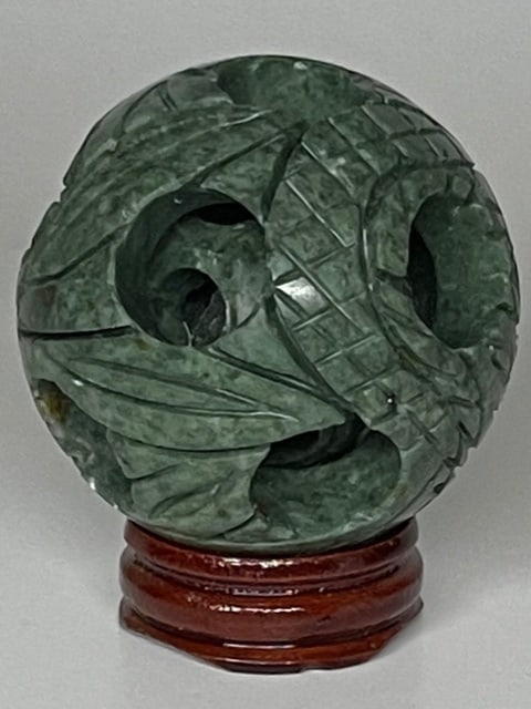 Vintage Hand Carved Chinese Green Jade Revolving Puzzle Ball (1 of 2)