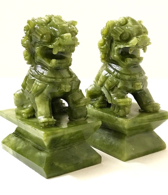 Vintage Hand Carved Natural JADE Chinese Imperial Foo Dogs: LOT OF 2 / Very Ornate / See all Photos