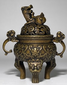 Vintage Chinese Bronze Foo Dog Top Mini Censer