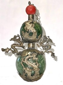 Old Chinese Handmade Jade and Tibetan Silver Dragon Snuff Bottle