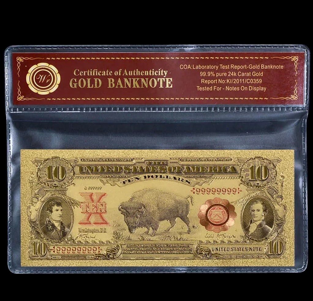 1901 Lab Tested 24k Gold Clad Bison $10 Banknote: Lab Tested for Bank Notes on Display / Not Actual Currency or Period Original / These are Re-Created to Simulate the Originals and are Being Sold as a Collectible Novelty