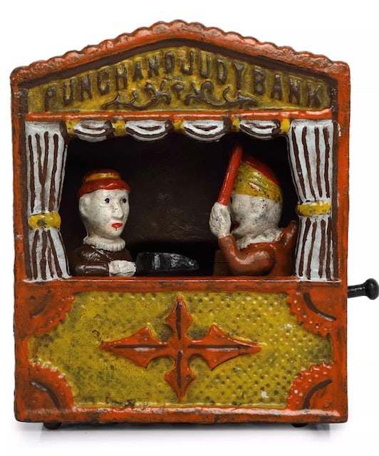 Vintage PUNCH and JUDY Cast Iron Mechanical Bank: Bank Works - Great Patina - Multiple Photos Posted - Age of Bank is Unknown – Sold as a Collectible Reproduction
