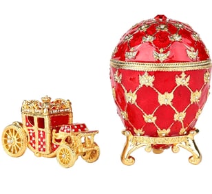 FABERGE 2pc Studded & Enameled Egg and Carriage
