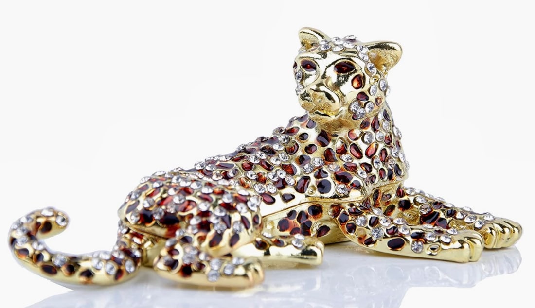 FABERGE Inspired Enameled & Studded Russian LEOPARD Trinket Box: Gorgeous Piece - Multiple Photos Posted