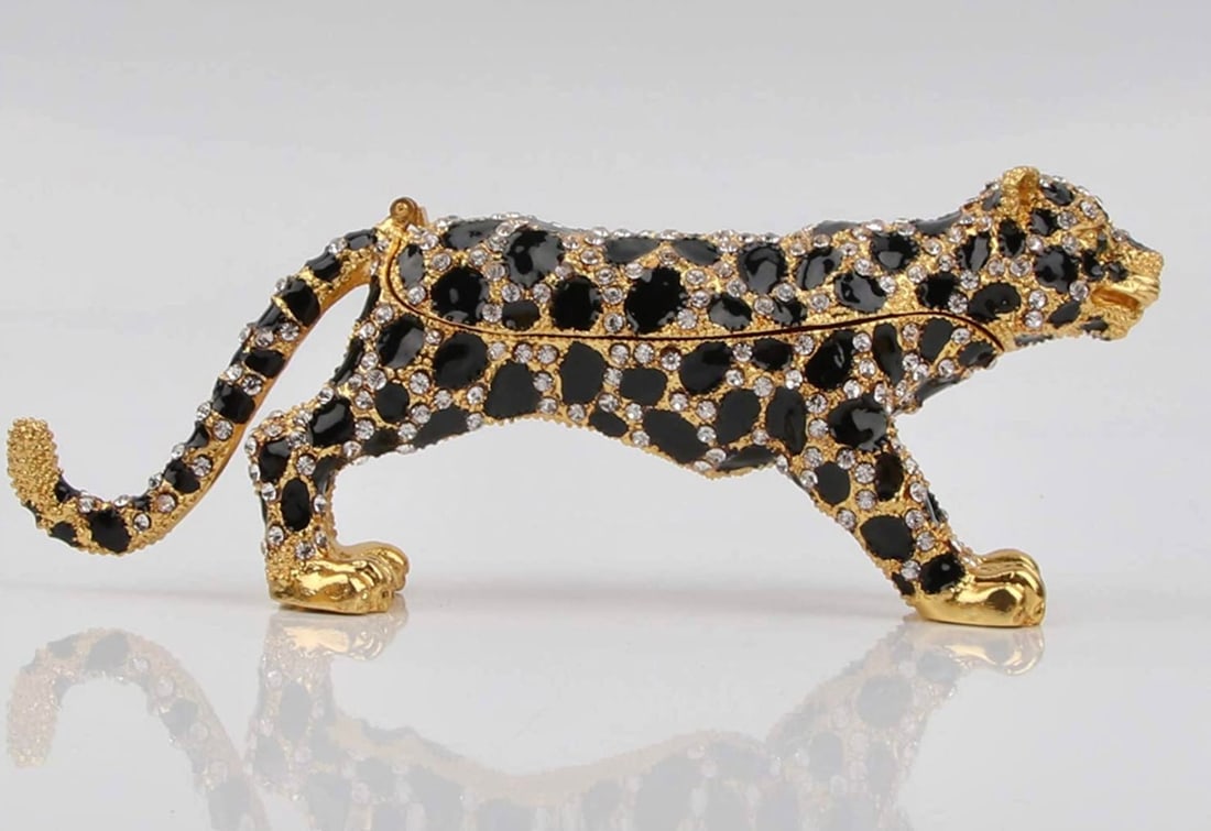 FABERGE Inspired Enameled & Studded Russian LEOPARD Trinket Box: Gorgeous Piece - Multiple Photos Posted