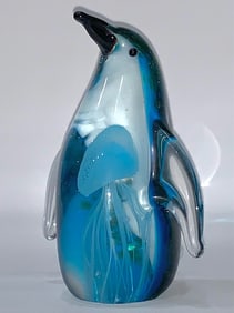 Unique MURANO Art Glass Penguin with Swallowed Jellyfish Sculpture