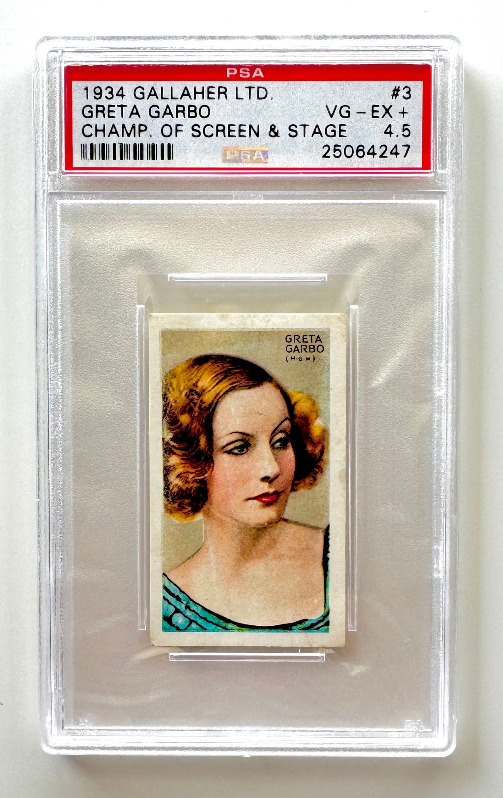 Extremely Rare 1934 Greta Garbo Tobacco Cigarette Card: Graded PSA 4.5 VG to Excellent – 1934 Greta Garbo Champion of Screen and Stage by GALLAHER Ltd. Company - Multiple Photos Posted