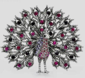 Gorgeous Jeweled Costume Jewelry Peacock Brooch