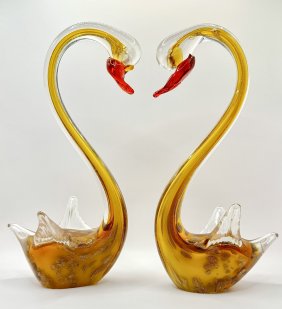Pair of Vintage Gold Spun MURANO Blown Art Glass Swans