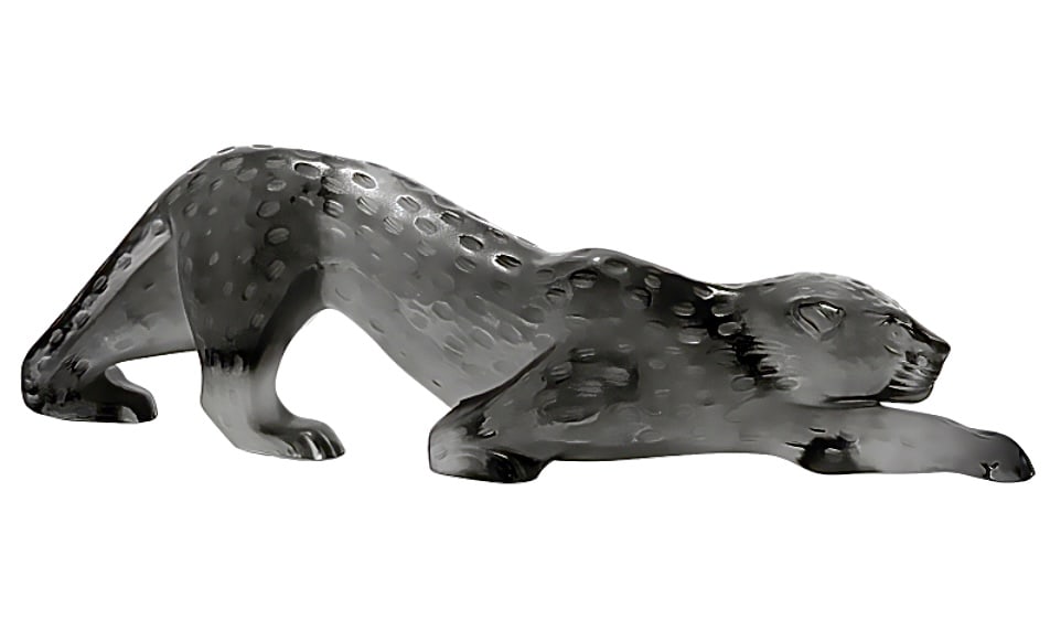 Large LALIQUE Smoked Gray Crystal Stalking Panther Sculpture: This Awesome Etch Signed Lalique Crystal Panther Measures Approximately 15 Inches Tall and weighs approximately 6 pounds. It is a Gray Crystal Pimple Spotted Panther. Multiple Photos Posted