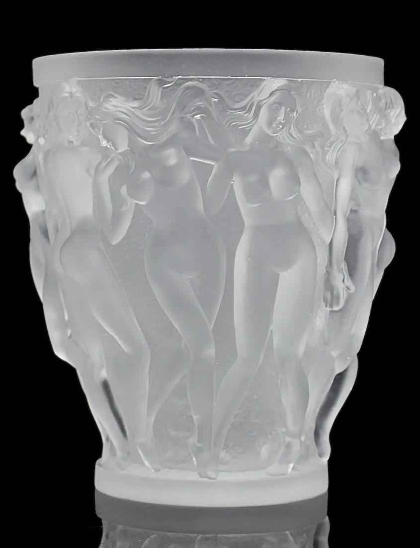 Large French Crystal Bacchantes Nude Lady Vase in the Style of LALIQUE: This is a Beautiful Piece in the Style of LALIQUE with Approximately 10 Inches Tall by 7.5 Inches Wide and Weighs Approximately 13 Pounds. It is in Stunning Condition with No Chips, Cracks or Repairs.