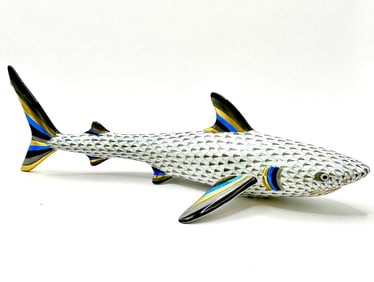 EX Rare 12in Long HEREND Hungary Fishnet Porcelain Shark Figurine