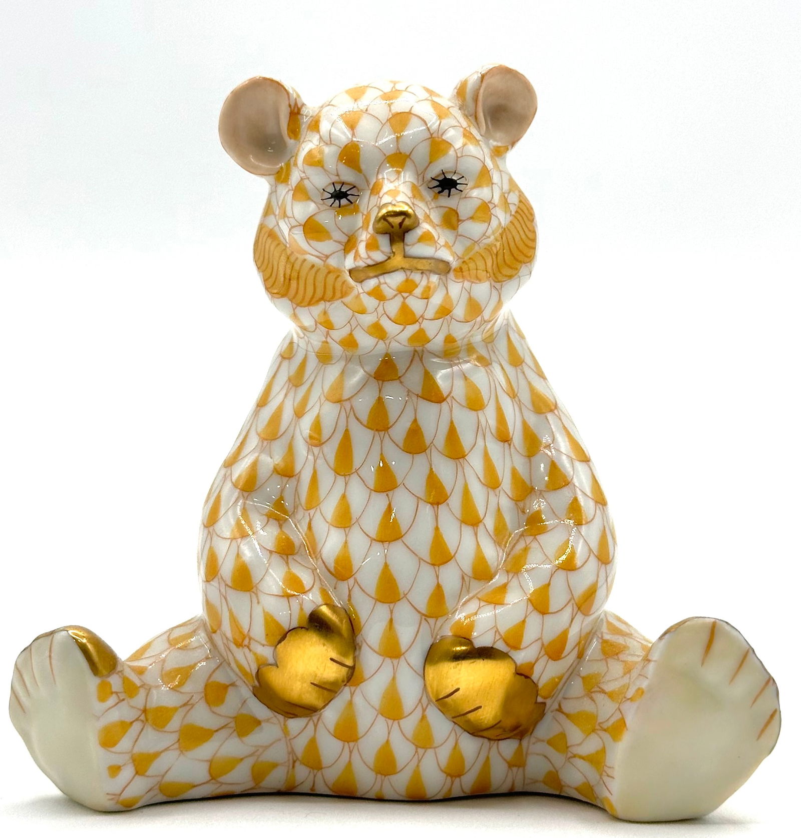 Rare HEREND Hungary Butterscotch Fishnet Porcelain Teddy Bear Figurine (1 of 3)