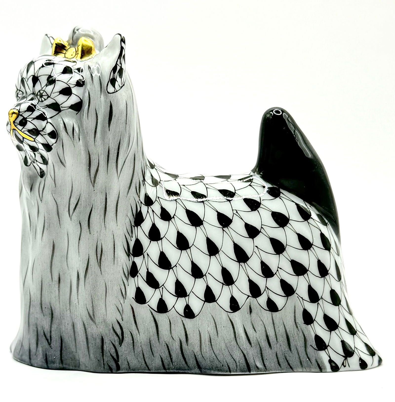 Rare HEREND Hungary Black Fishnet Porcelain Yorkshire Terrier Dog (1 of 5)