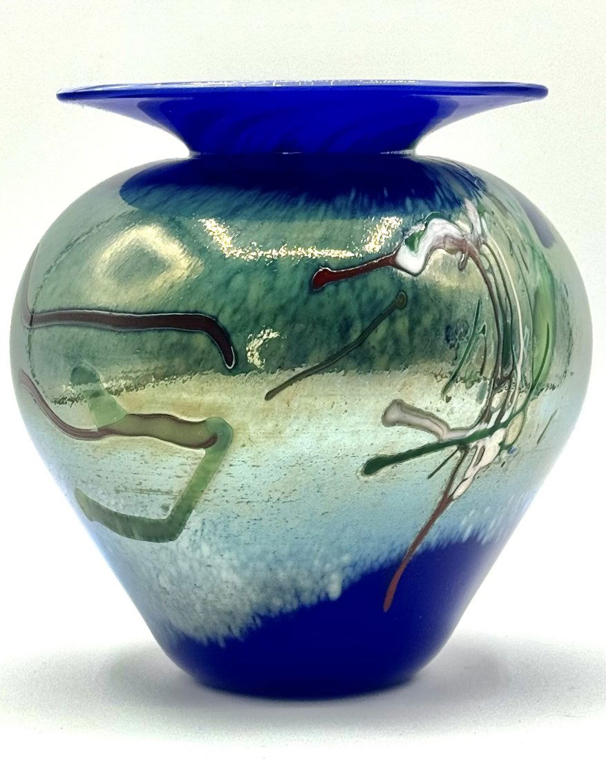 Artist Etch Signed 1998 Pulled Feather Design Pot Belly Art Glass Vase (1 of 4)
