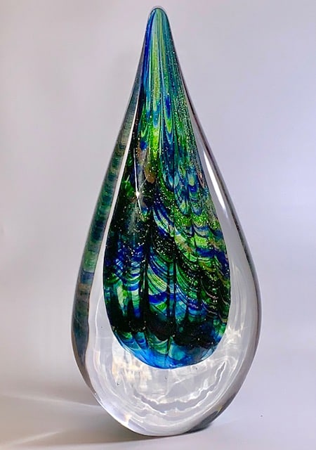 Gorgeous MURANO Feathers of a Peacock Art Glass Teardrop Sculpture: Approximately 9-10 Inches Tall / Stunning Colors / Multiple Photos Posted