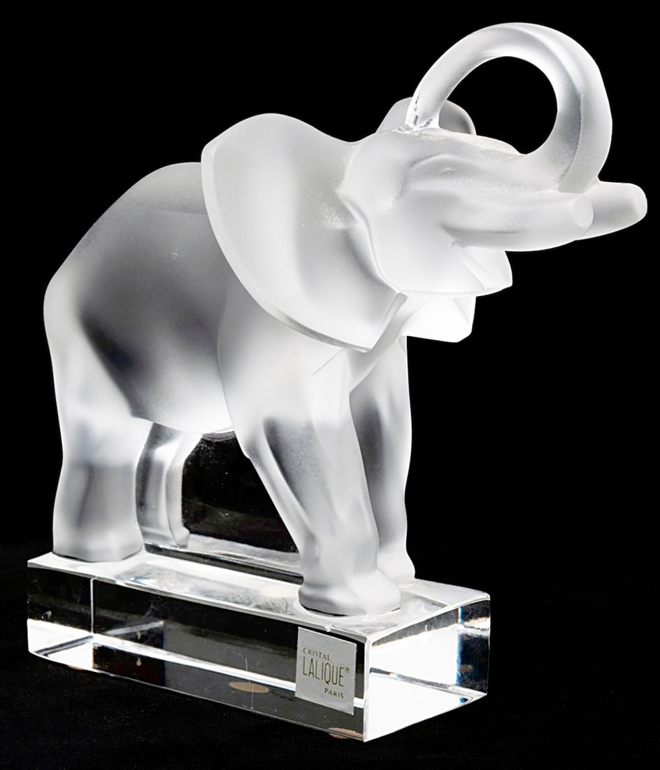 Large LALIQUE France Frosted Crystal Trunk Up Elephant Sculpture (1 of 3)