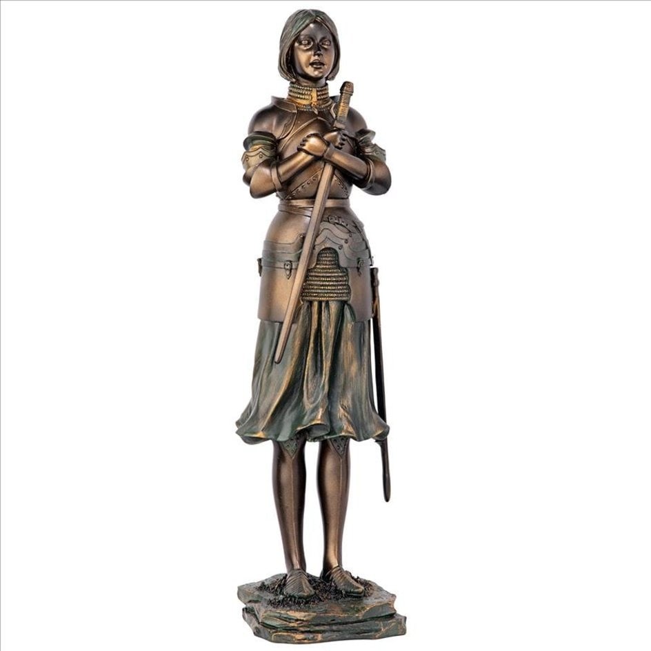 Ornate Joan of Arc Patron Saint of France Statue: This is a 16.5” Tall Statue of Joan of Arc. It has great detail. It was cast in quality designer resin with a bronze verdigris finish. This Has never been on display. This was Consigned to us by