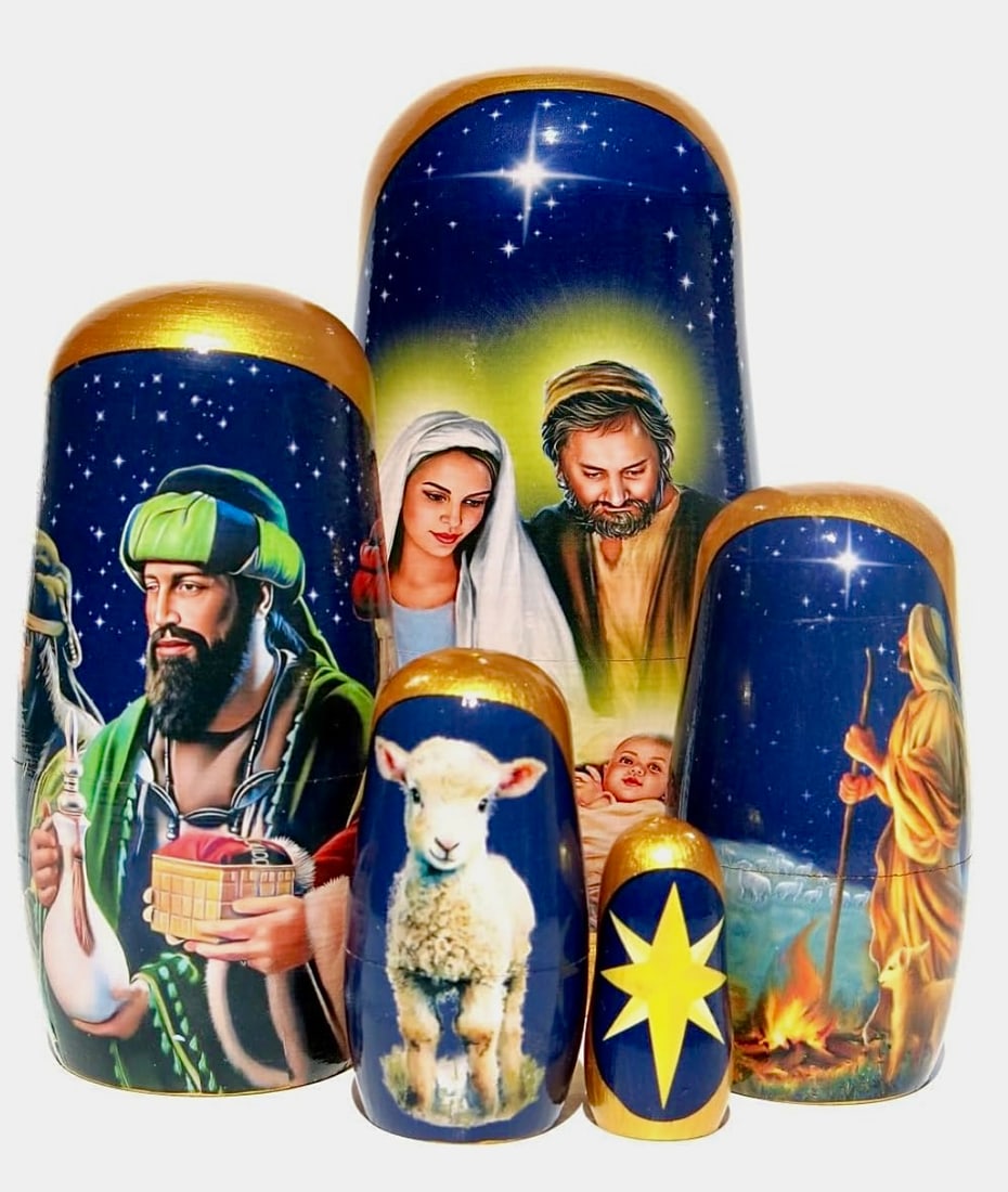 5pc Russian Hand Painted Nativity Scene Matryoshka Nesting Dolls: Approximately 6 Inches Tall – Great Set in Beautiful Condition – Multiple Photos Posted