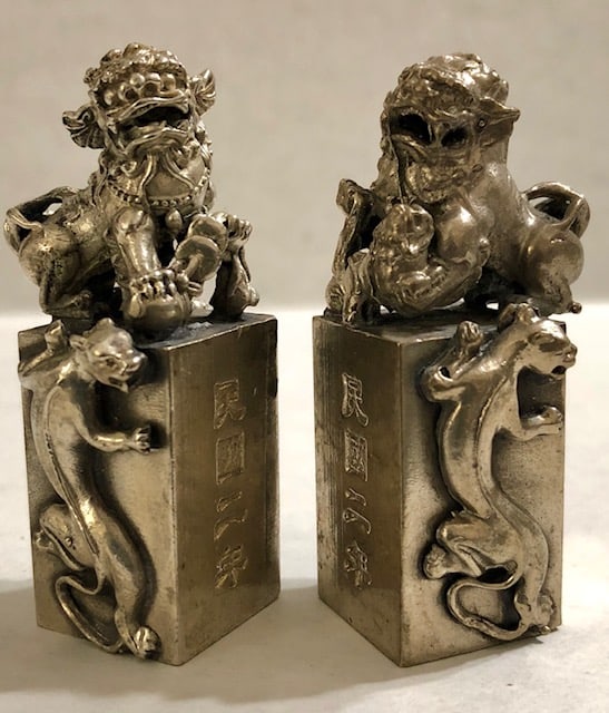Solid Tibetan Silver KYLIN Temple Guardian FOO DOGS (1 of 2)