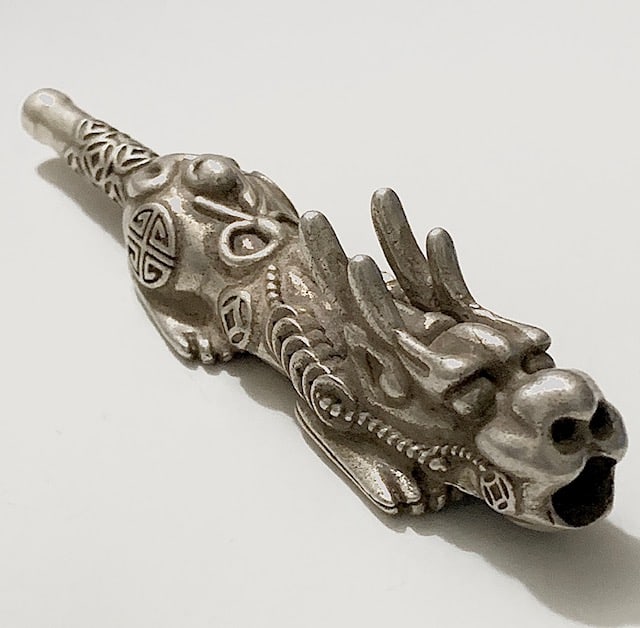 Tibetan Silver Dragon Tobacco Pipe Rod w/Old Hallmarks: Extremely Ornate Tibetan Silver Figural Dragon Tobacco Pipe Rod or Cigarette Holder / It is an Awesome Piece / Must See all Photos to Appreciate / Tibetan Silver is Not Sterling / This is a Highly Col