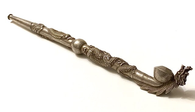 9?? Chinese Folk Art Dragon Wrapped Smoking Peace Pipe: 9 Inches Long / Extremely Ornate / Handmade / Must See all Photos to Appreciate / Tibetan Silver is Not Sterling / This is a Highly Collectible Item Sold AS-IS with No Value Placed on it with regards