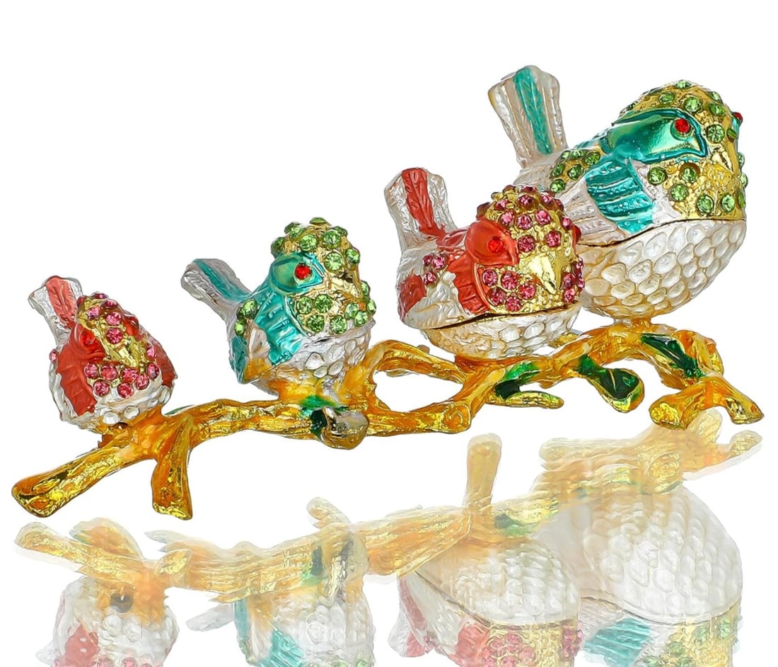 St. Petersburgh Russian Jeweled and Enameled Perched Birds Trinket Box: Beautiful Piece – Approximately 4 inches long - Like New