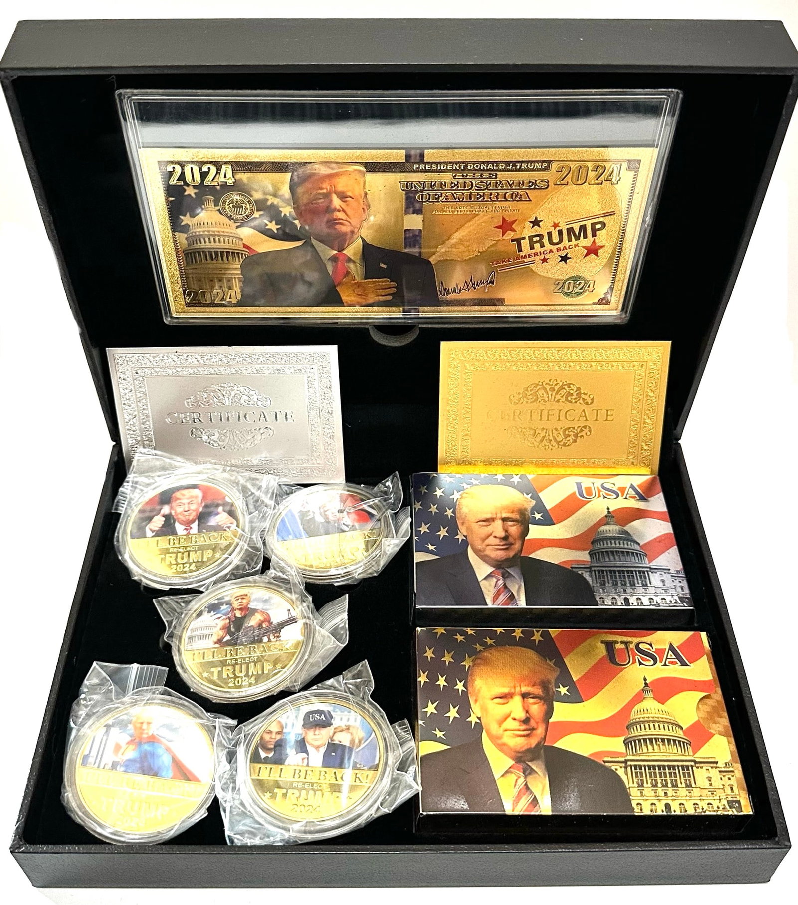 2024 DONALD TRUMP Take America Back Campaign Collectible Coin Gift Set: Extremely Cool Collectible that Comes Complete in a Specially Designed Presentation Box – Comes with 5 Gold Clad Portrait Coins, Gold Clad Novelty Banknote and 2 Deck of Unopened Gold and Silver Foi