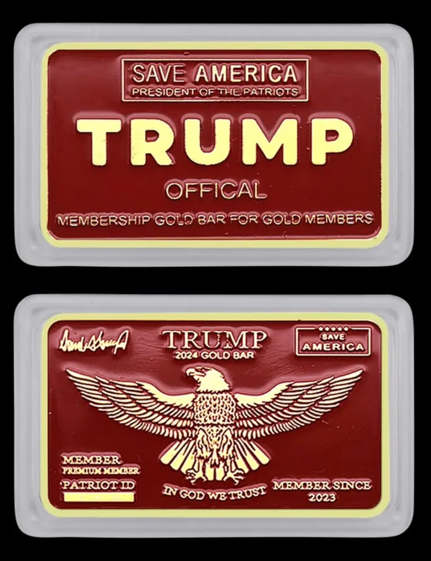 DONALD TRUMP President of the Patriots Membership Enameled Gold Clad Bar: This is an enameled gold clad bar that states as follows. Trump Official Save America President of the Patriots. This encapsulated is NOT a GOLD BAR. This is simply a gold clad bar that holds NO VALUE