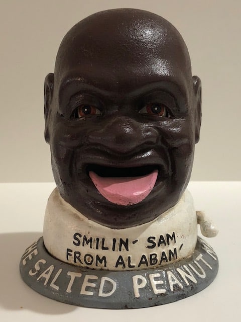 Cast Iron Black Americana SMILING SAM Mechanical Coin Bank: Working. This Mechanical Coin Bank symbolizes a dark part of our History / We Do Not Share the Same Opinion this Piece may Represent / We do not know how old this is but it is NOT a Period Original Pi