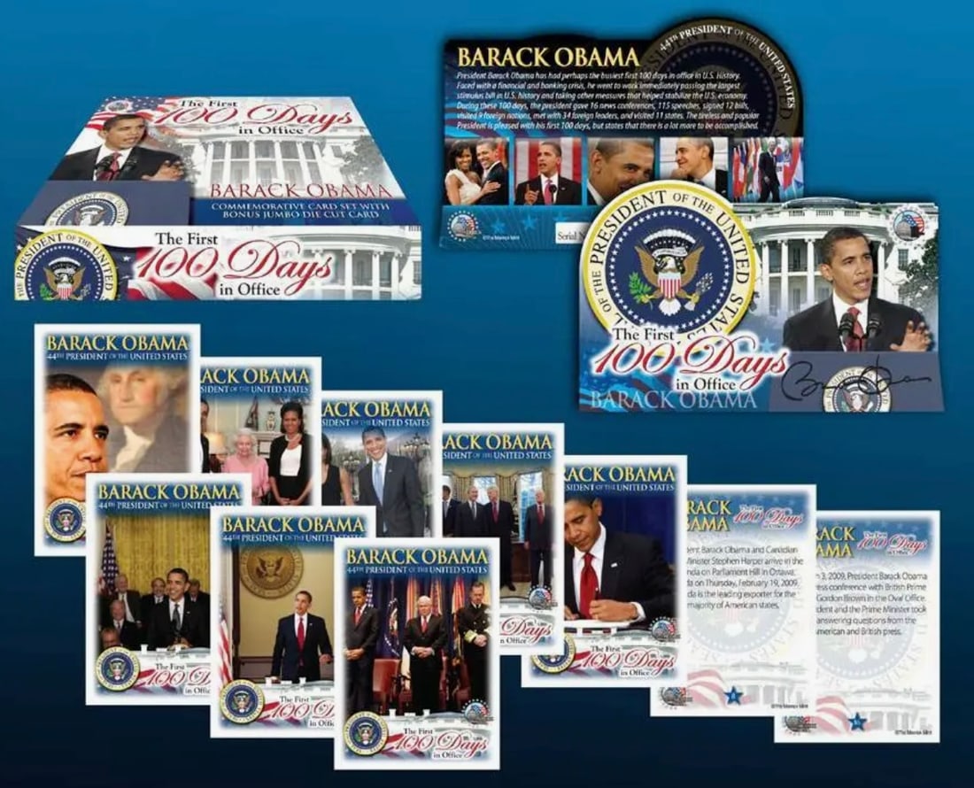 LTD Edition BARRACK OBAMA First 100 Days in Office Trading Cards Set: Sealed Lot of 50 First 100 Days in Office Trading Cards. This has never been opened. Multiple Photos Posted