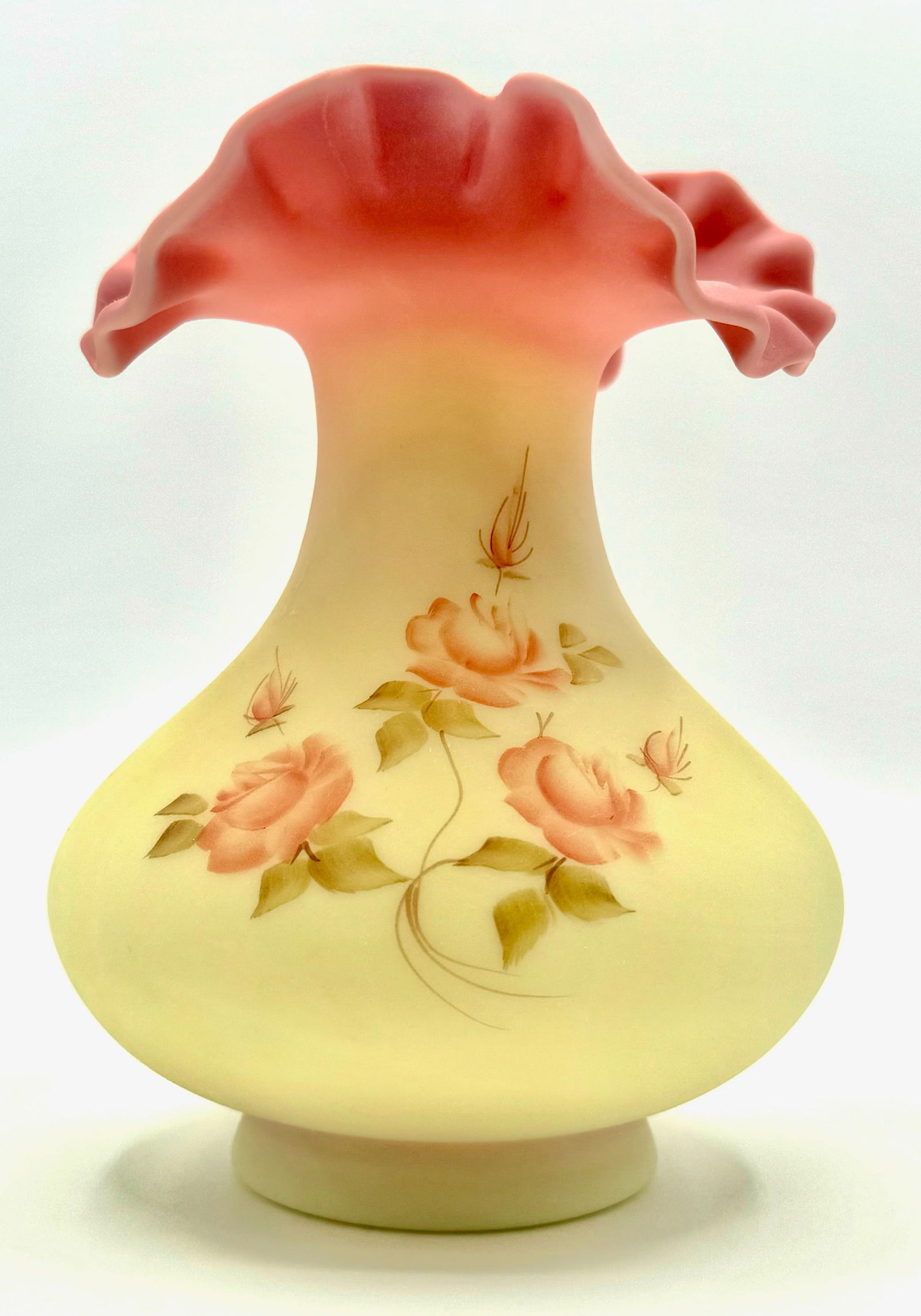 FENTON Artist Signed Hand Painted Satin Custard Glass Vase (1 of 2)