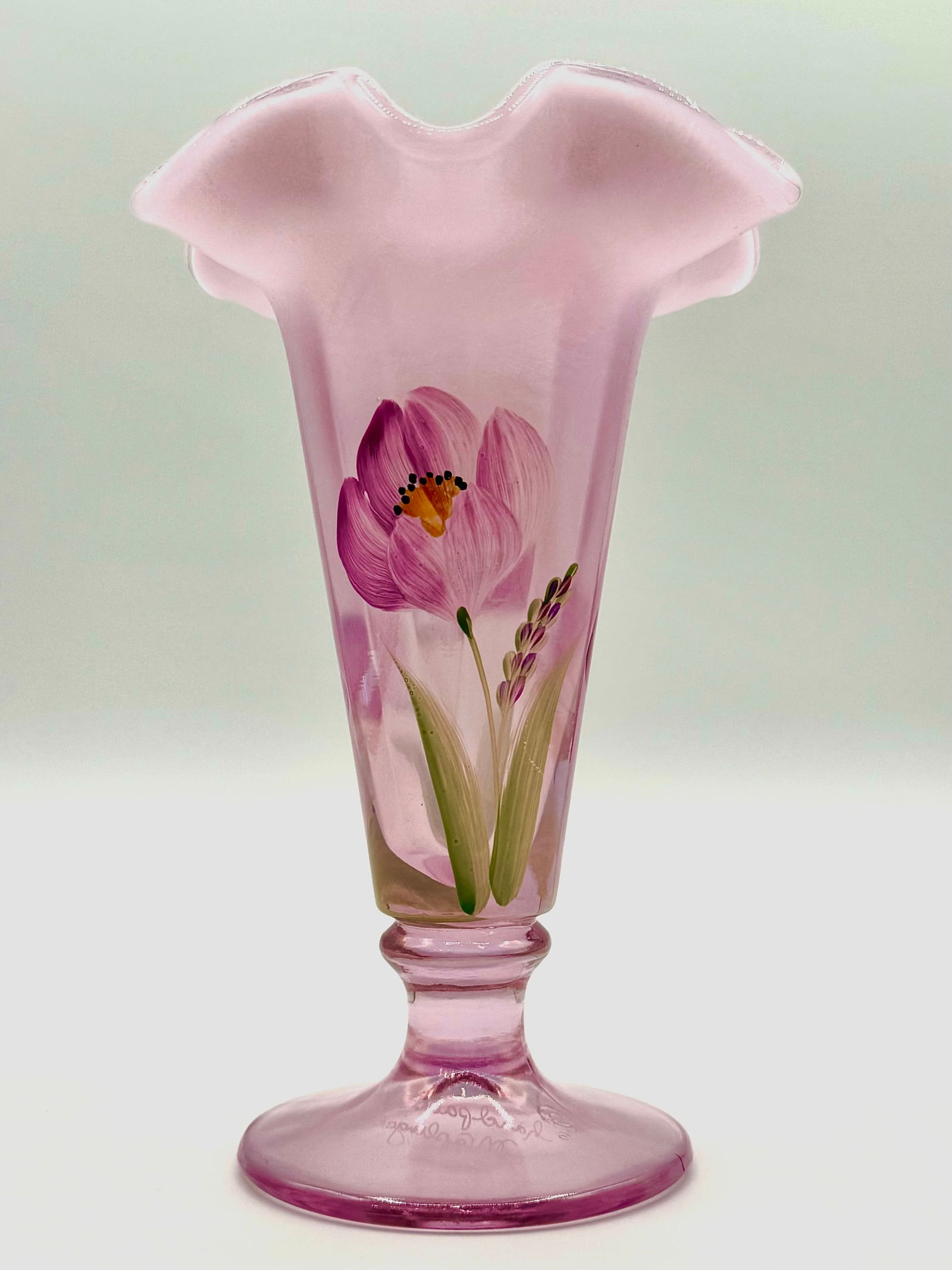 FENTON Artist Signed Hand Painted Crescent Top Footed Glass Vase (1 of 4)