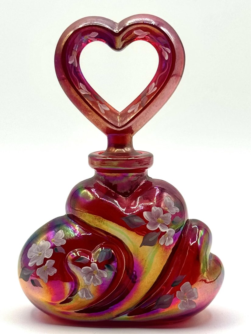 Iridescent Red FENTON Art Glass Artist Signed Hand Painted Perfume Bottle (1 of 3)