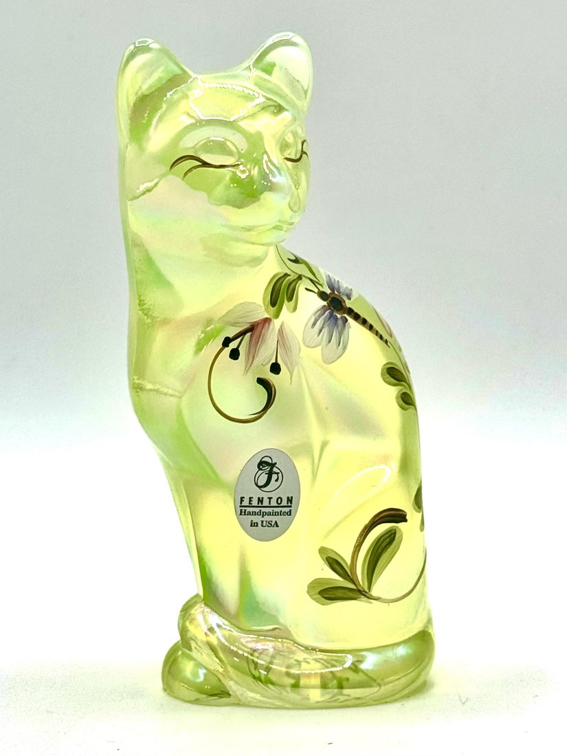FENTON Artist Signed Hand Painted Opalescent Art Glass Cat (1 of 3)