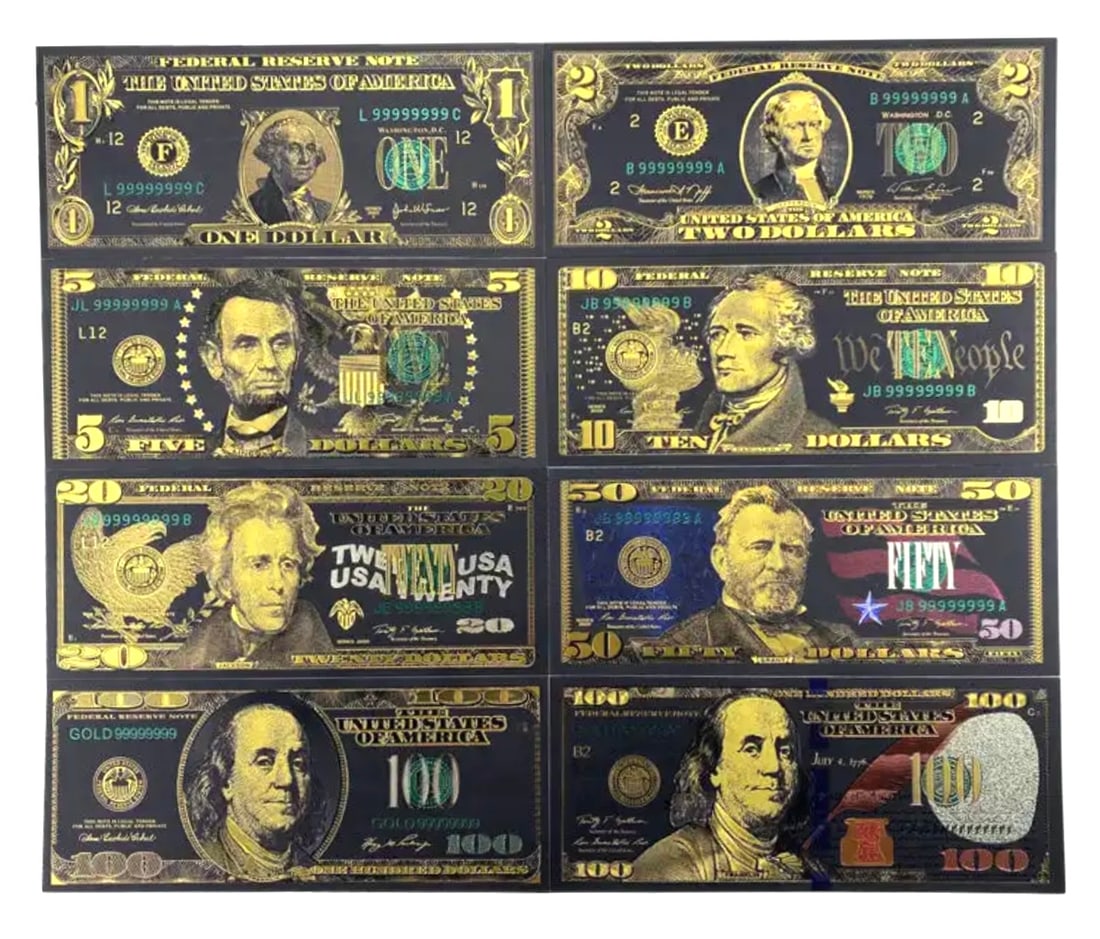 Set of 8 Black and Gold Collectible US Currency Banknotes Bills (1 of 3)