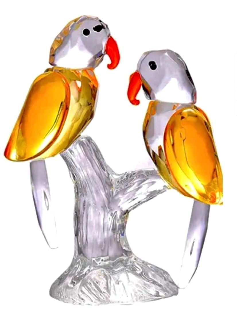 Swarovski style Austrian Crystal Perched Parakeets Figurine: Austrian Colored Crystal Perched Parakeets in the Style of Swarovski – Perfect Condition – Multiple Photos Posted