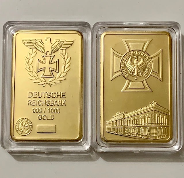1oz German DEUTSCHE REICHSBANK Gold Clad Bar: Encapsulated – This is a Novelty Gold Plated Bar containing No Precious Metals – This should not be purchased as an investment – It is simply a collectible novelty item