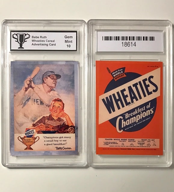 BABE RUTH Wheaties Cereal Advertising Baseball Card: Gem Mint 10. PLEASE READ CAREFULLY. ALL Advertising Cards are Reproduction Promotional Cards and NOT Original Period Cards. We do NOT know when these were Issued or who issued them. We can only descri